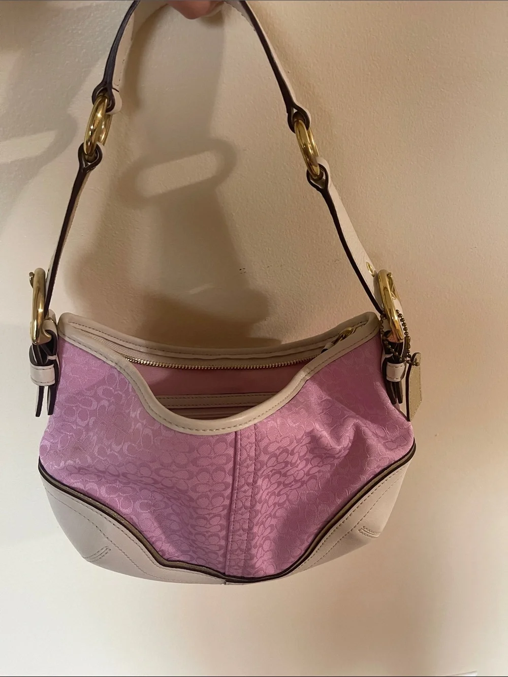 Coach Pink and Cream Signature Hobo Shoulder Bag